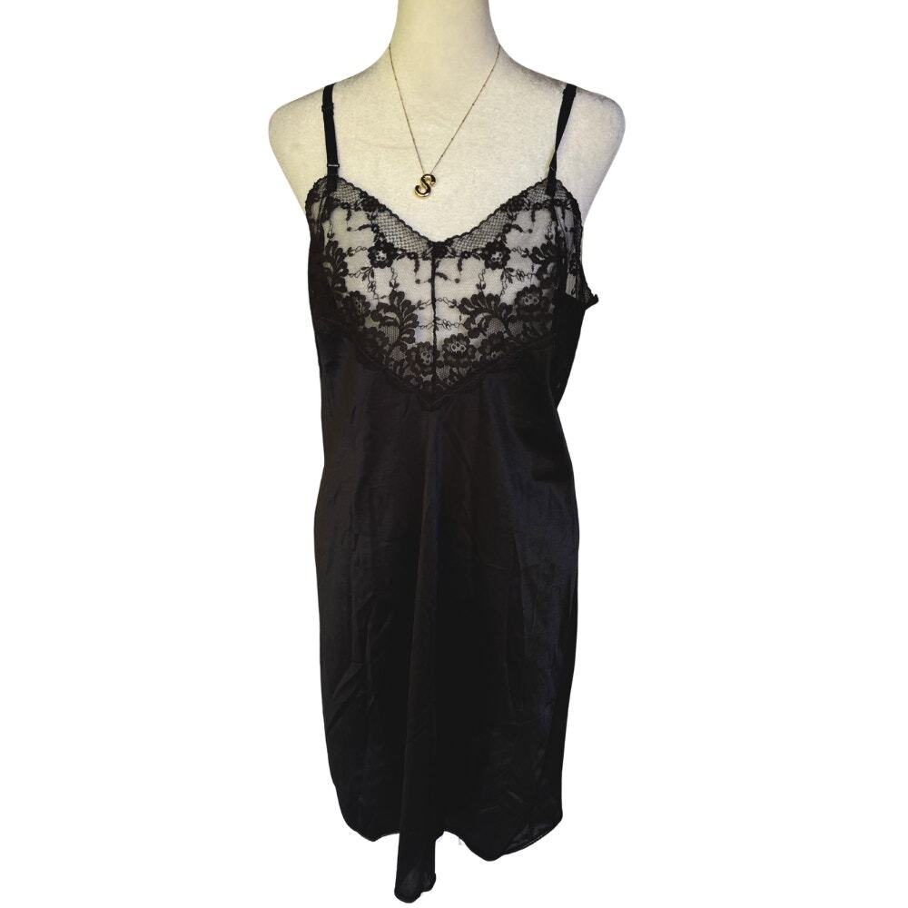 Vintage Black Lace Bodice Satin Slip Dress Mini 70s 80s Size S/M